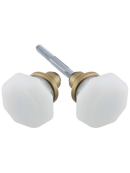 Pair of Milk-White Octagonal Glass Door Knobs in Antique Brass.